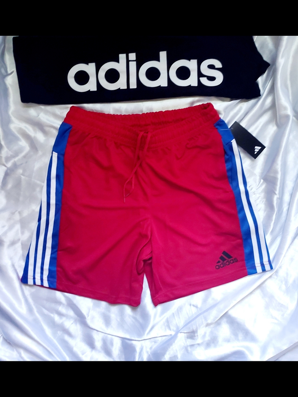 adidas Men’s Red Athletic Shorts with Blue Side Panels